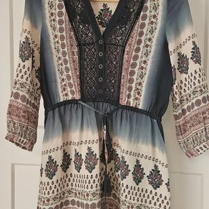 Anthropologie Maeve Boho Blue and Cream Floral Lace-Trim Mini Dress